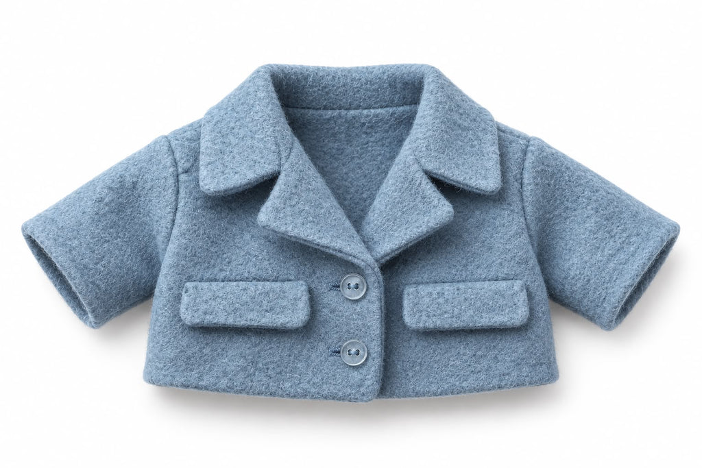 Finished blue jacket example with collar, two buttons and pocket flaps