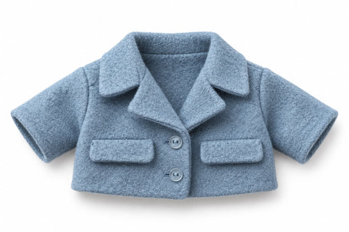 Finished blue jacket example with collar, two buttons and pocket flaps
