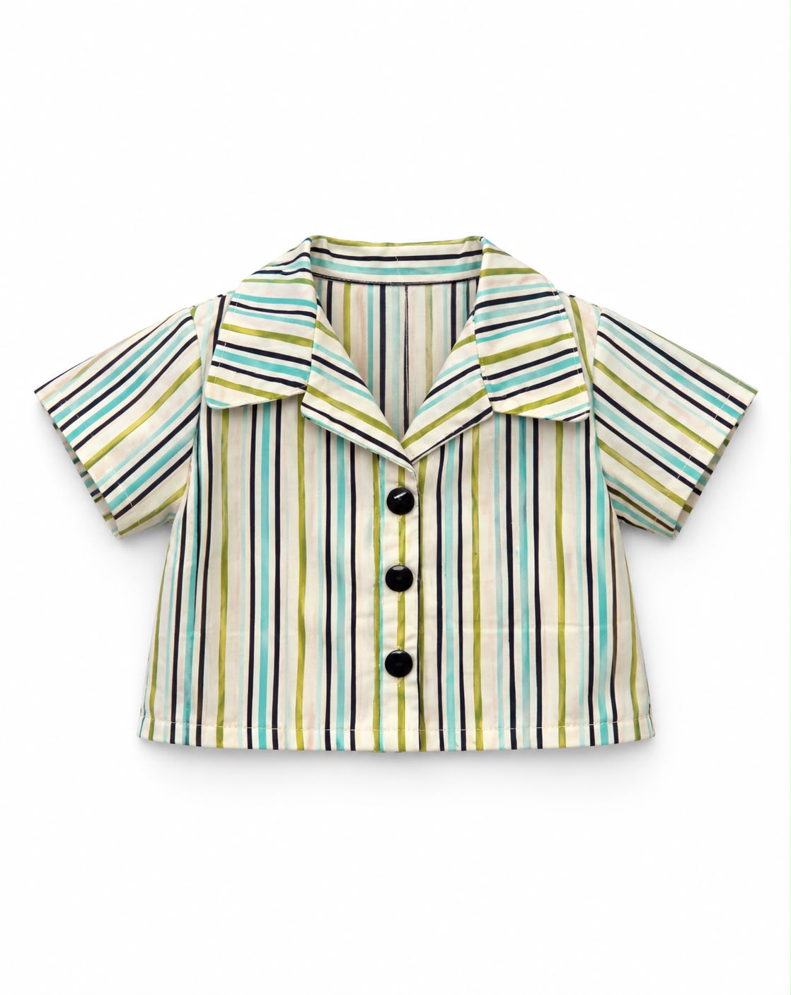 Finished striped short-sleeved shirt with collar and three black buttons, shown as a sewing example